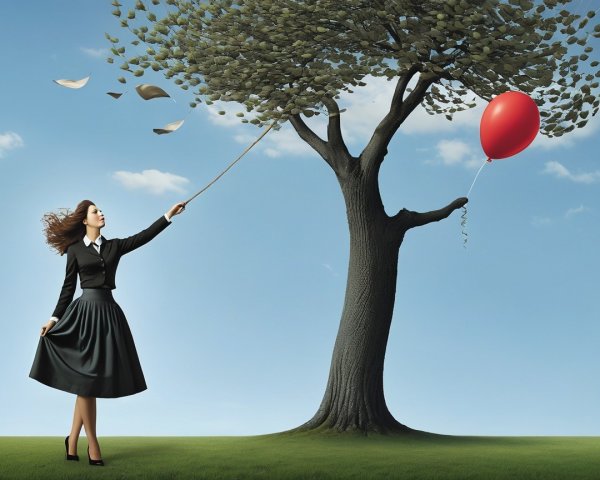 Woman in Black Dress with Red Balloon in Field