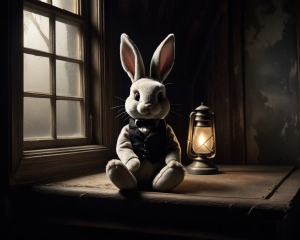 Plush Rabbit Doll on Rustic Table with Lantern Light