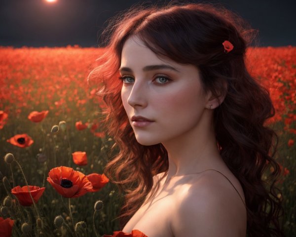 Young Woman in a Poppy Field Under Warm Sunlight