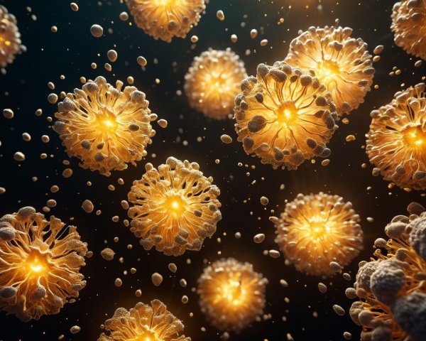 Microscopic View of Glowing Spherical Microorganisms