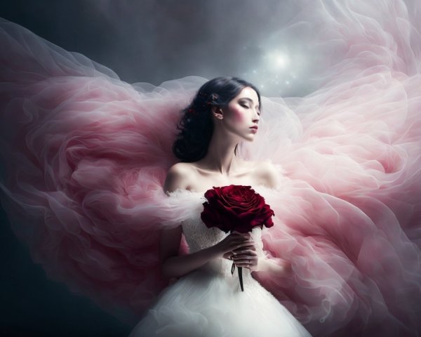 Serene bride in soft pink tulle with a red rose