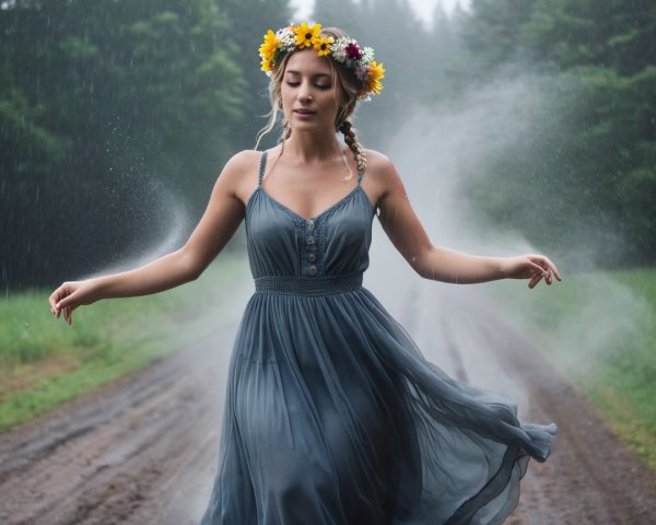 Young Woman in Blue Dress Dancing on Misty Road