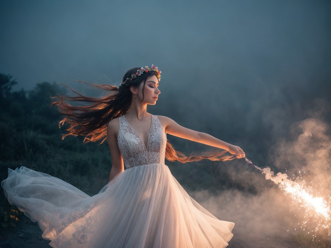Ethereal Gown and Sparkler in Misty Landscape