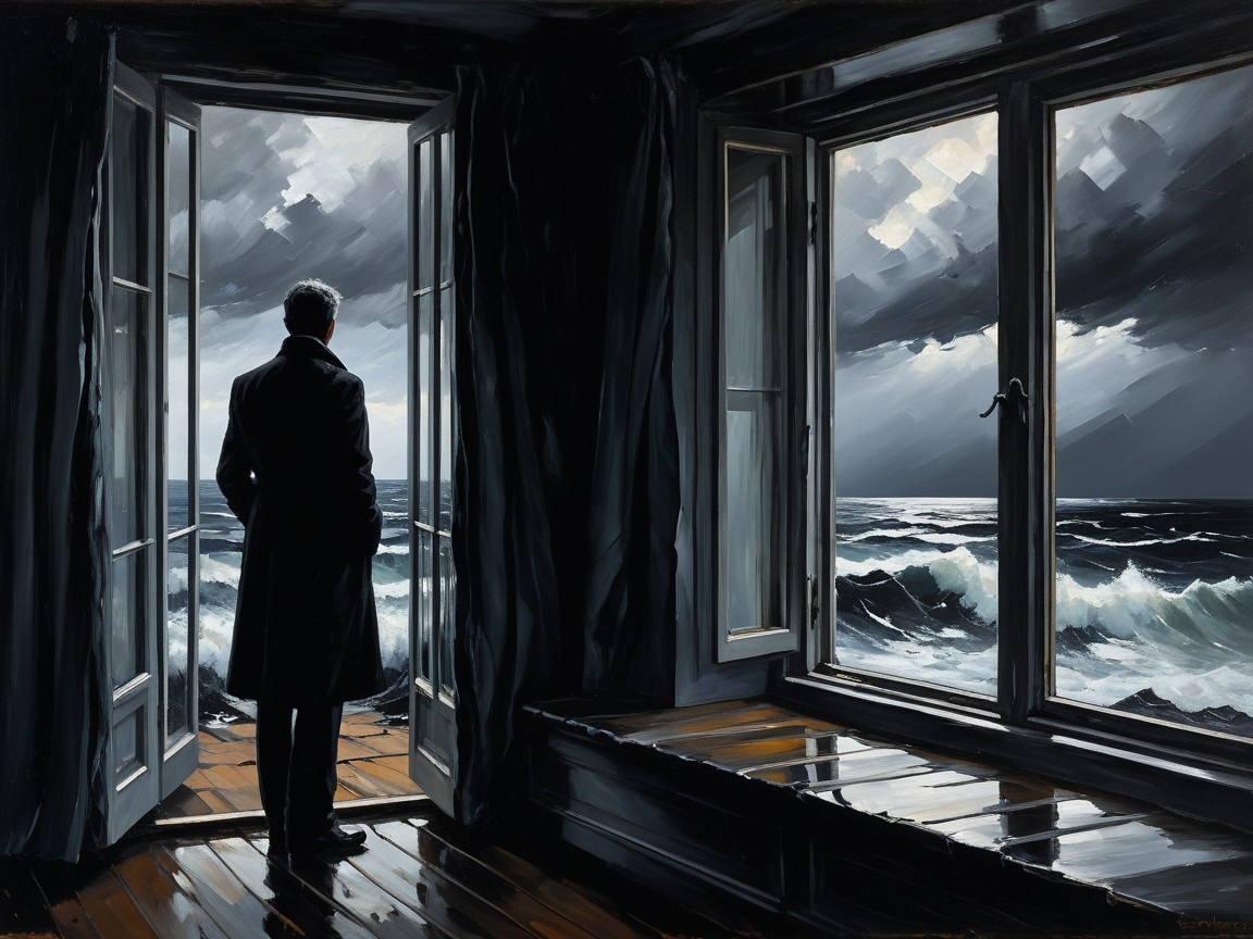 Lone Figure at Doorway Overlooking Stormy Seascape