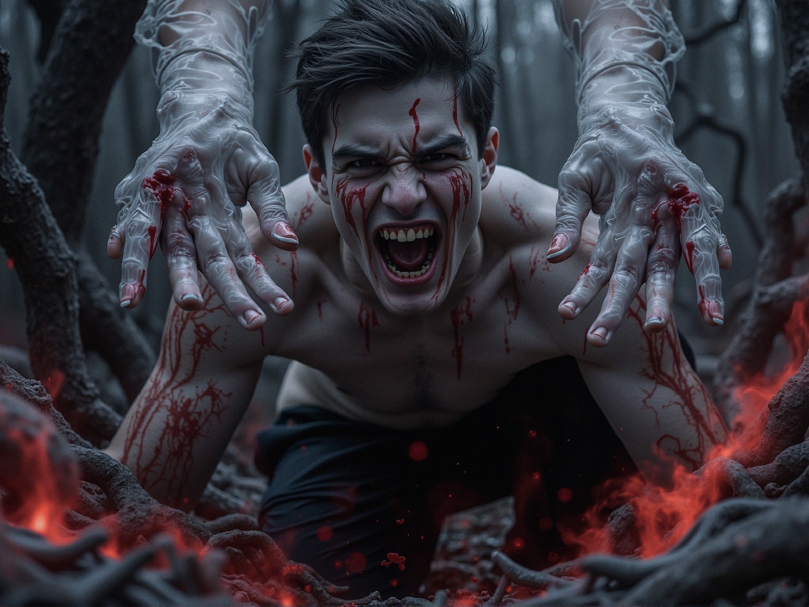 Eerie Forest Scene with Ghostly Hands and Ember Glow