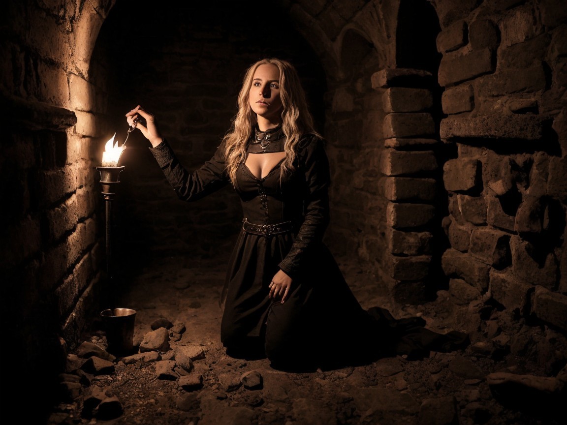 Woman in Black Dress in Stone-Walled Dungeon Setting