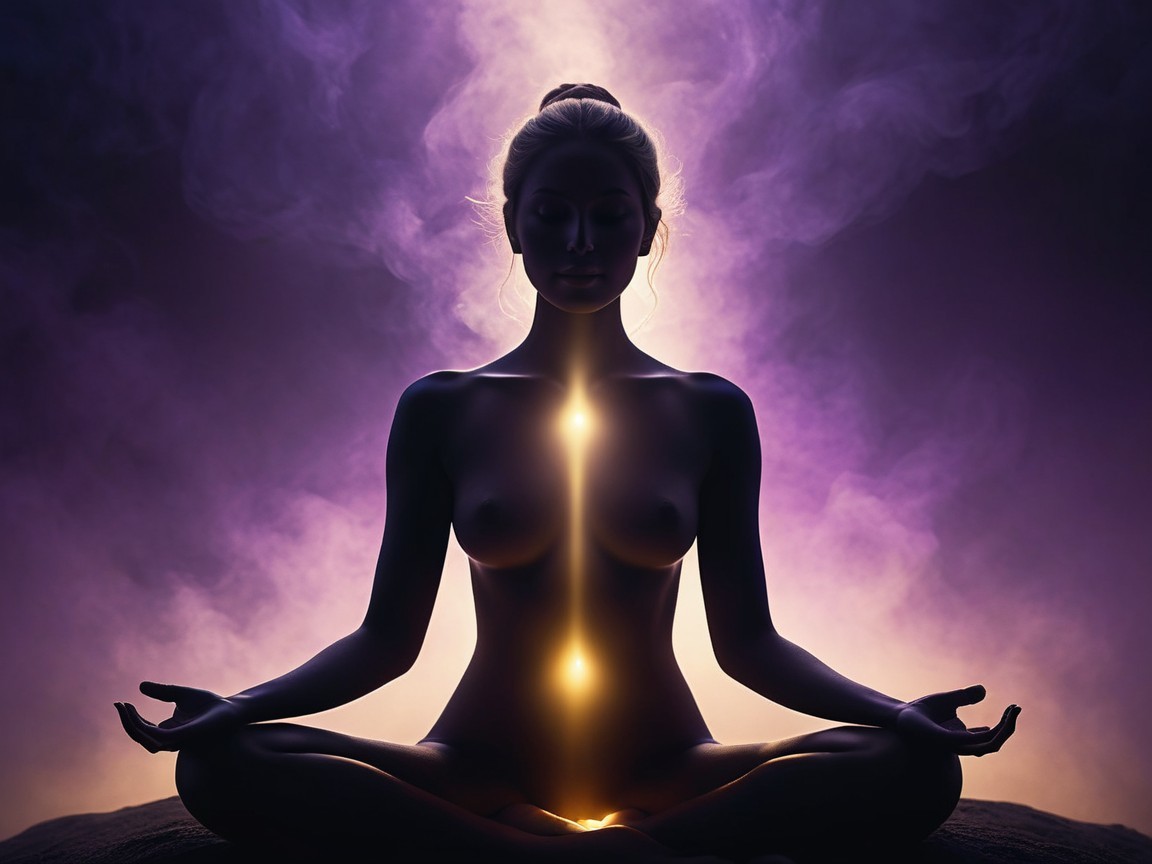 Meditating Figure Against Vibrant Ethereal Background