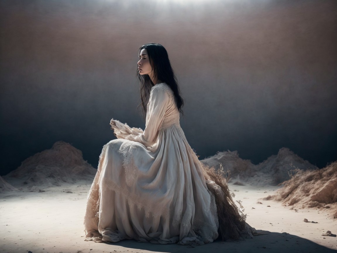 Solitary Figure in Ethereal White Dress in Sandy Landscape