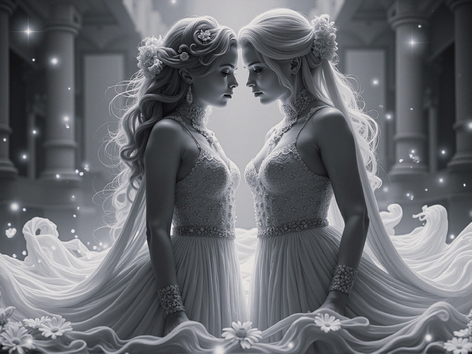 Elegant figures in shimmering gowns in ethereal setting