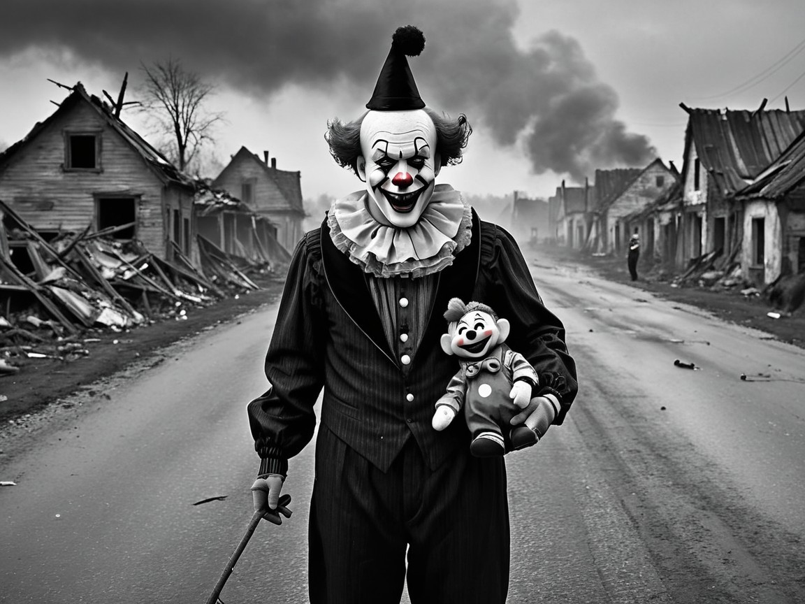 Sinister Clown on Abandoned Street with Doll