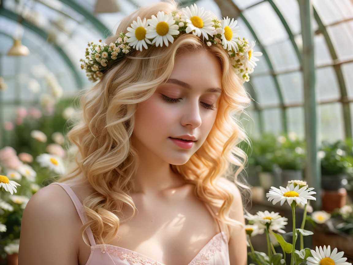 Young woman in a greenhouse with daisy crown and flowers