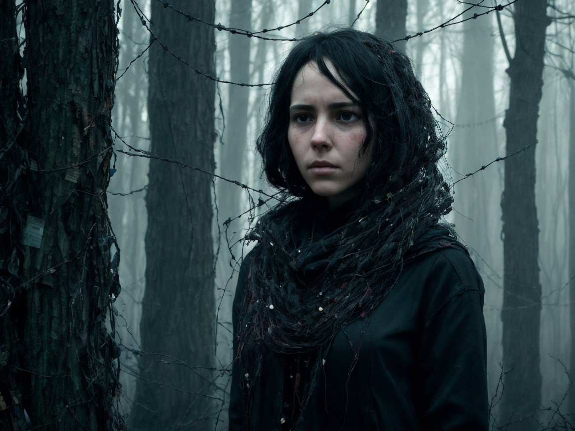Young woman in misty forest with thorny vines