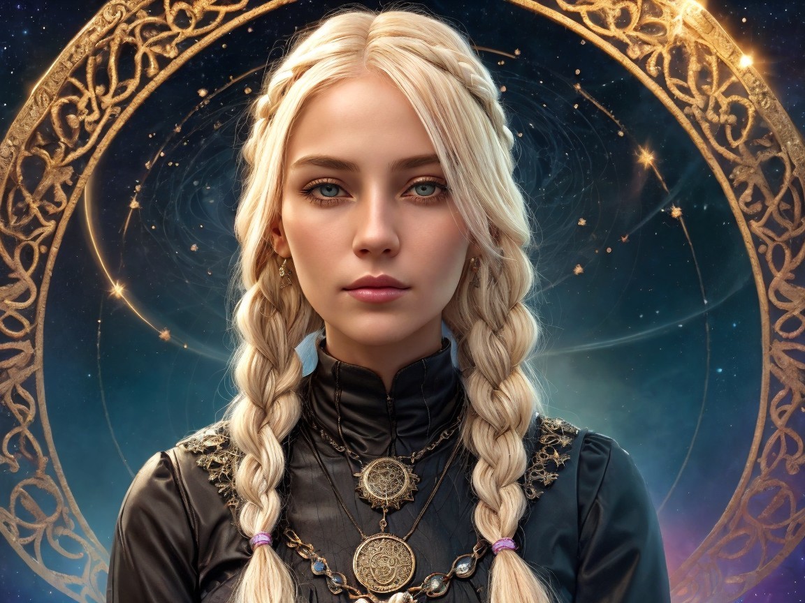 Young woman with blue eyes in cosmic backdrop