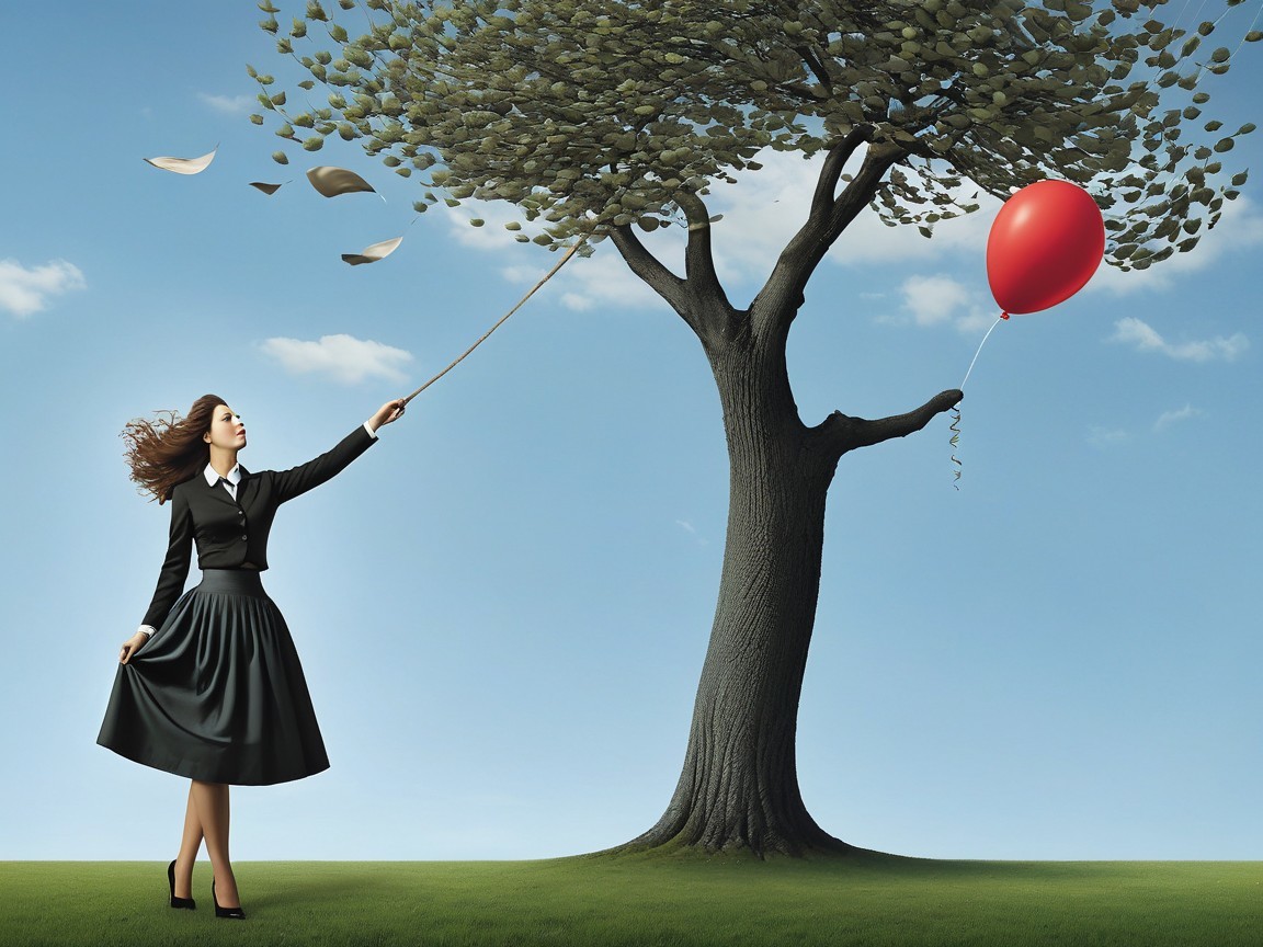 Woman in Black Dress with Red Balloon in Field