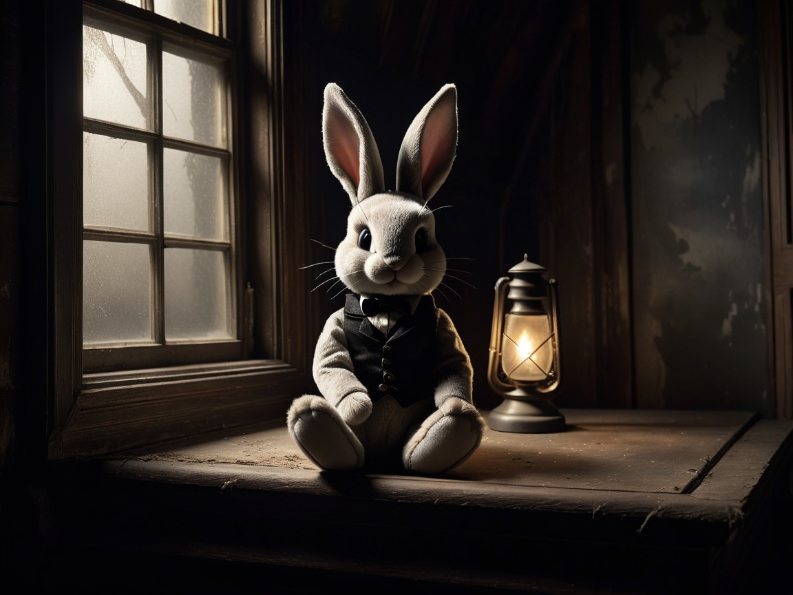 Plush Rabbit Doll on Rustic Table with Lantern Light