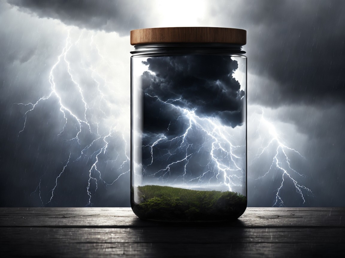 Glass Jar with Moss and Stormy Sky Contrast