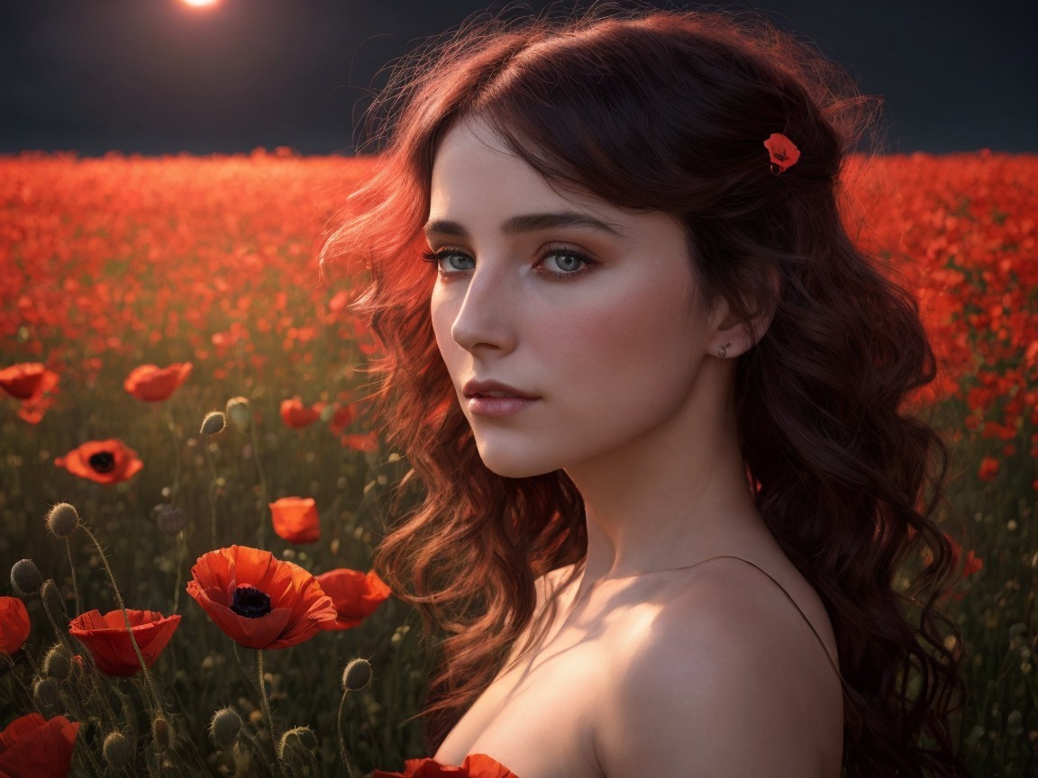 Young Woman in a Poppy Field Under Warm Sunlight