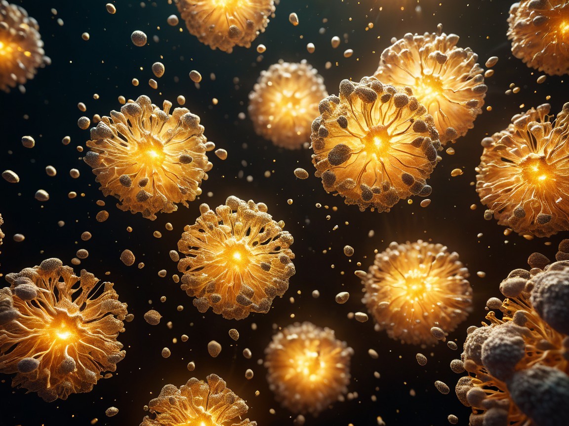 Microscopic View of Glowing Spherical Microorganisms