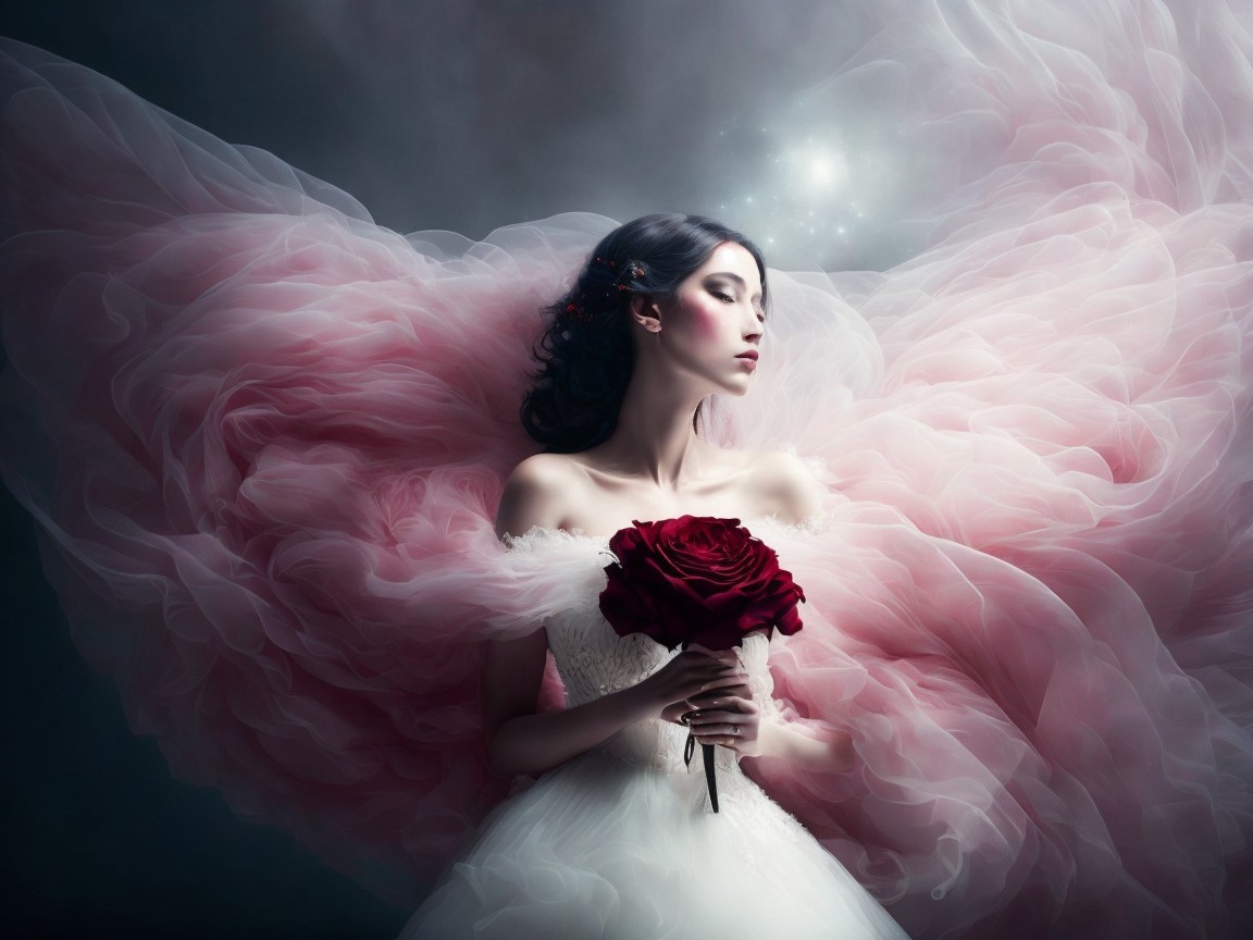 Serene bride in soft pink tulle with a red rose