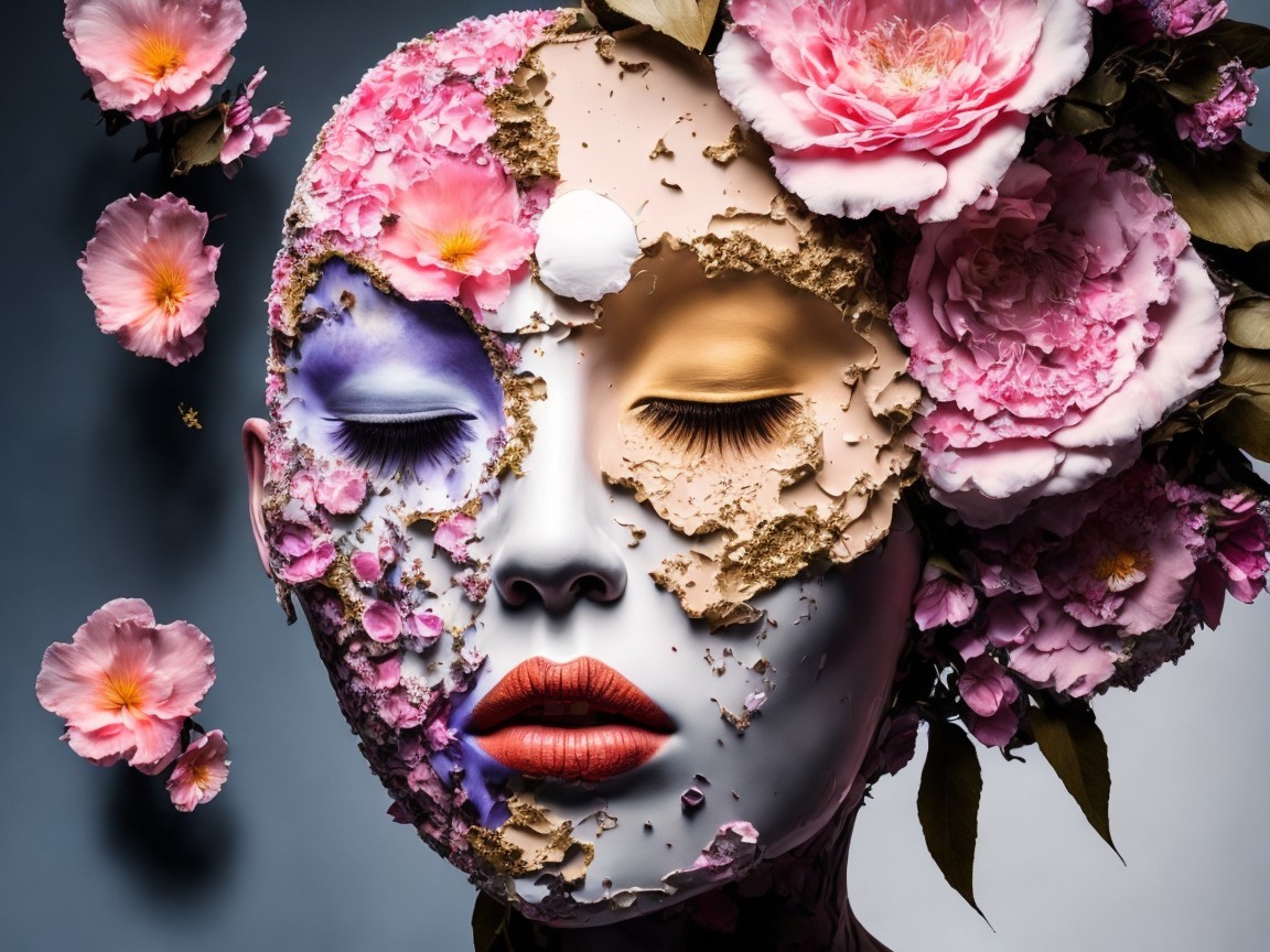 Artistic Mannequin Head with Floral Elements and Textures