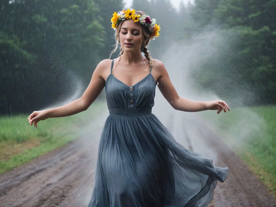 Young Woman in Blue Dress Dancing on Misty Road