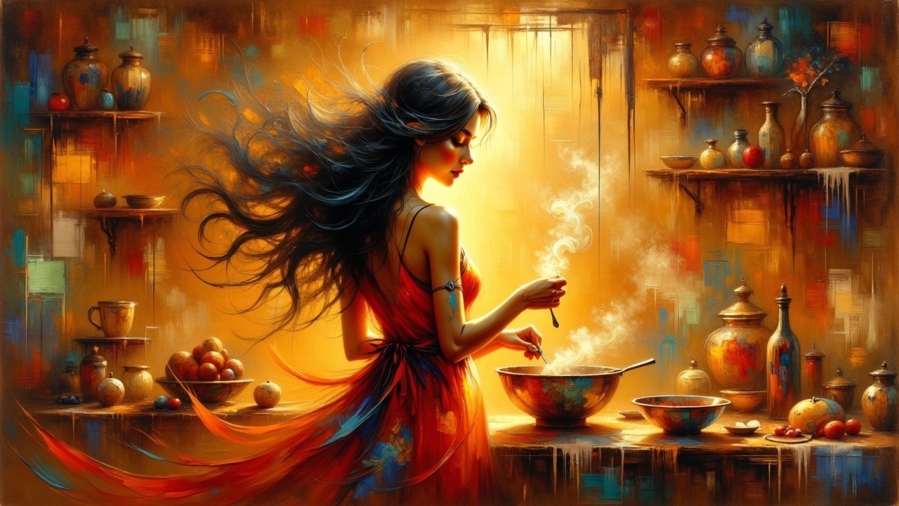 Vibrant Kitchen Scene with Woman in Red Dress