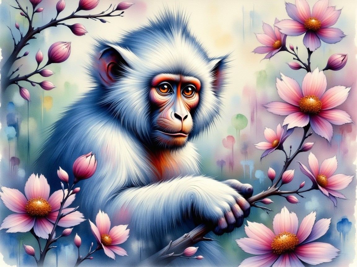 Whimsical Painting of Monkey on Flowered Branch