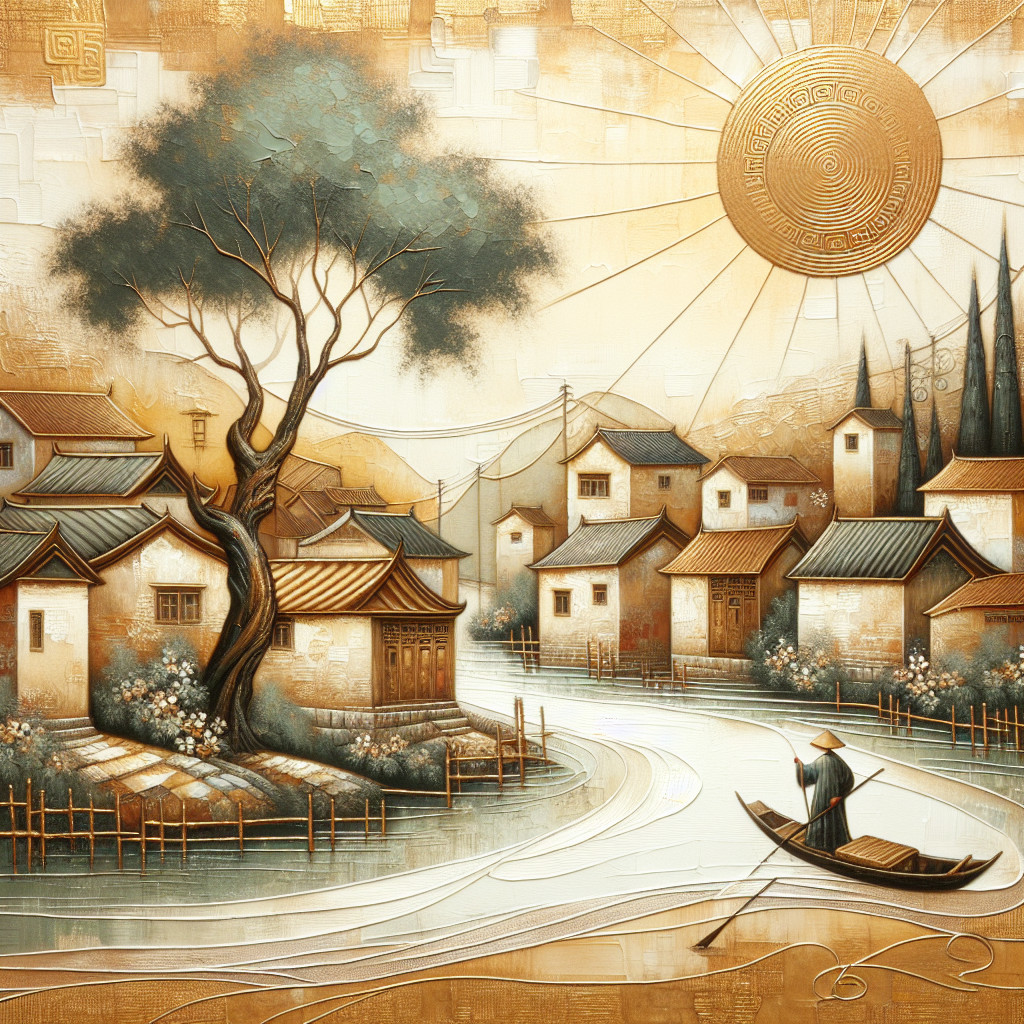 Serene Landscape with River and Traditional Houses