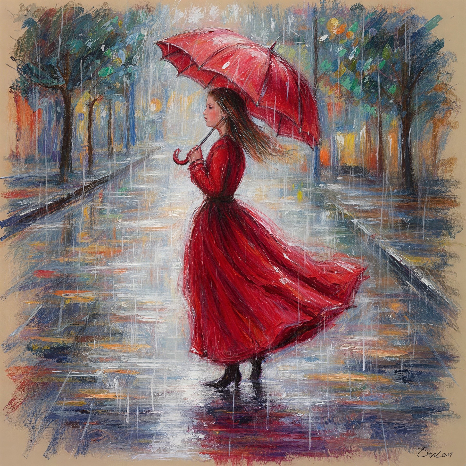 Oil Pastel Painting of Woman with Red Umbrella in Rain