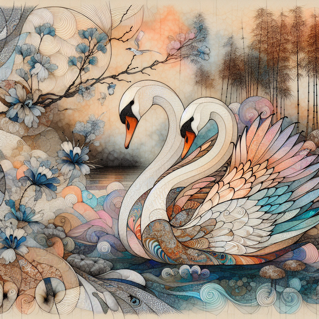 Swans Intertwined in Floral and Serene Landscape