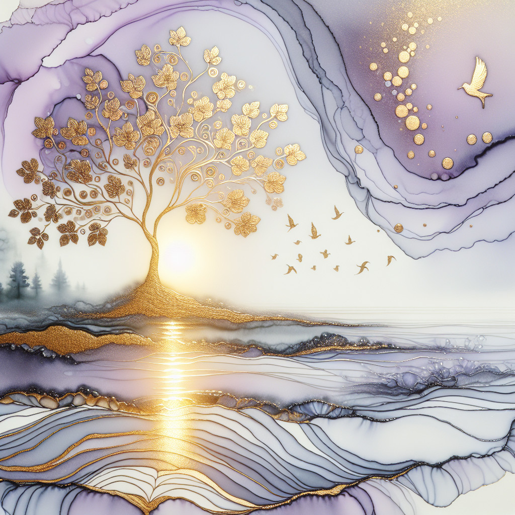 Ethereal Landscape with Golden Tree and Sunrise Reflections