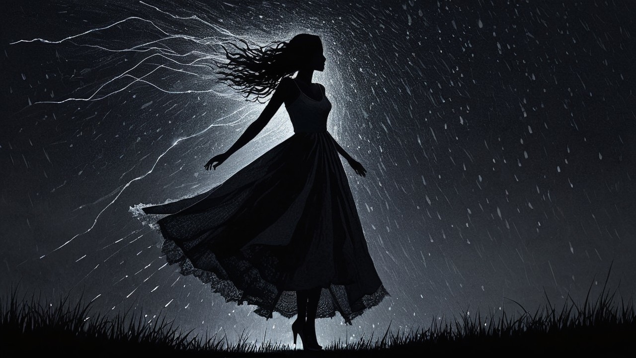 Silhouette of a Woman in a Stormy Night Scene