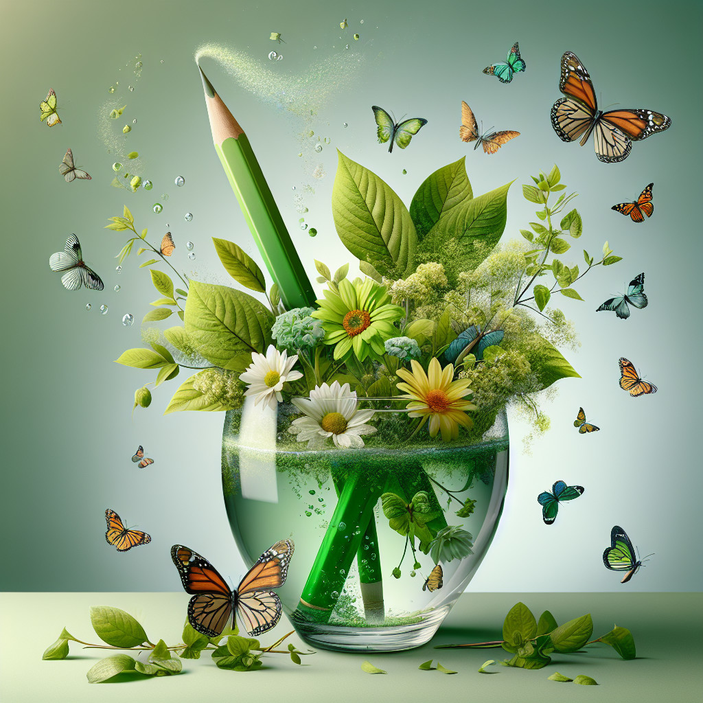 Vibrant Scene with Glass Vase and Butterflies