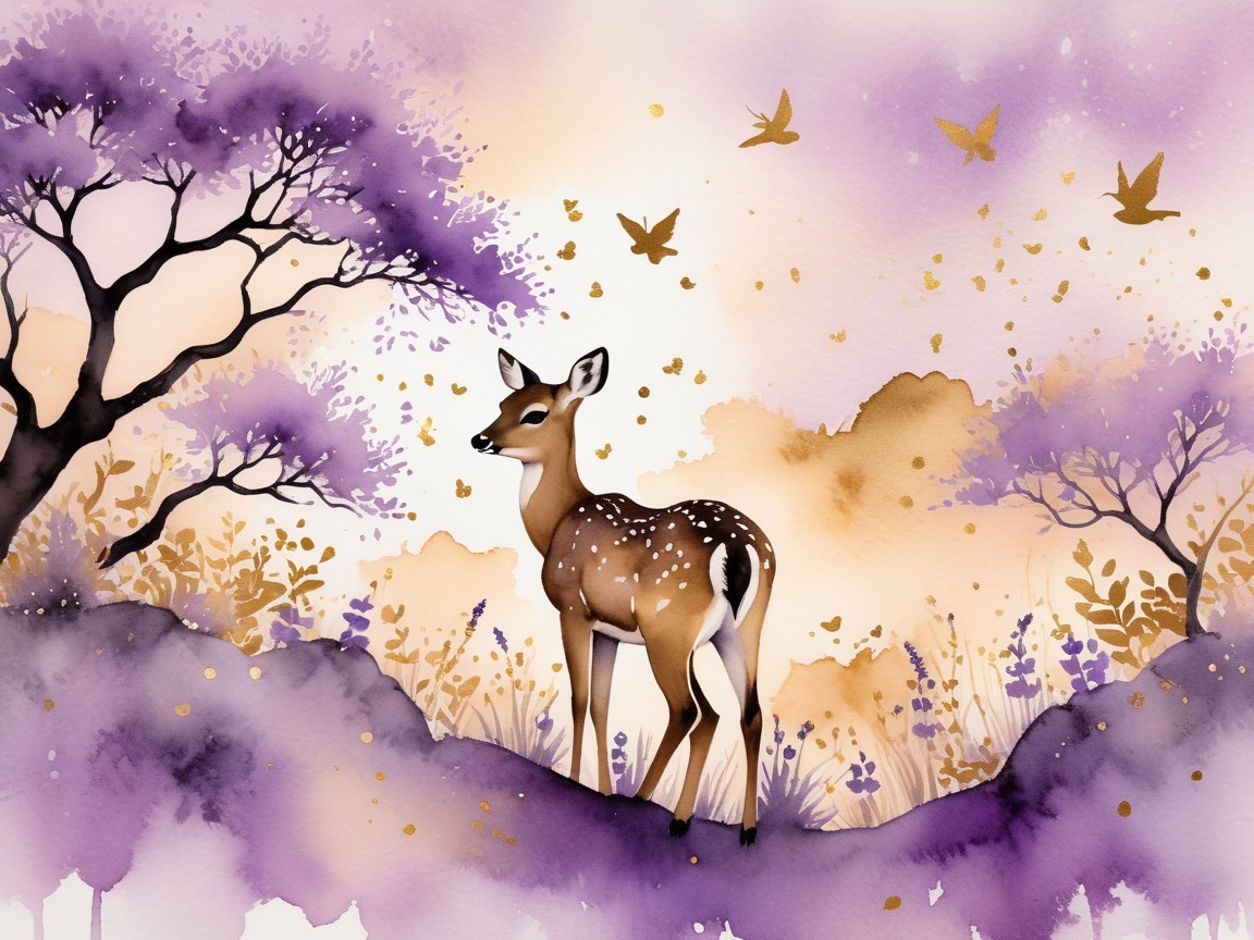 Watercolor Scene of Deer in Lush Landscape with Flowers