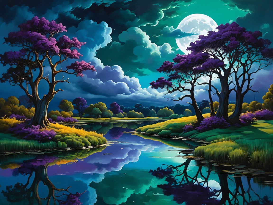 Tranquil River Under Full Moon with Colorful Foliage