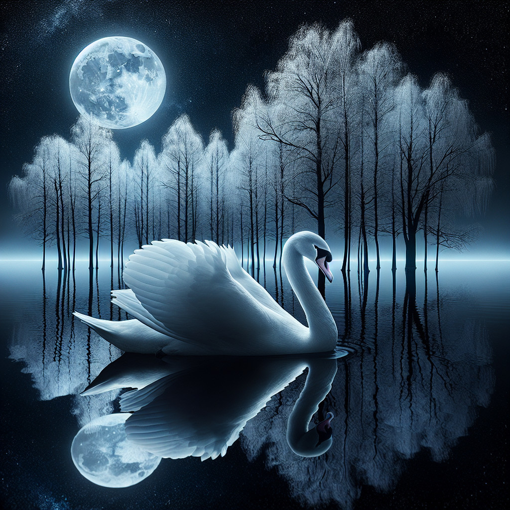 Swan on Moonlit Lake with Starry Night Sky