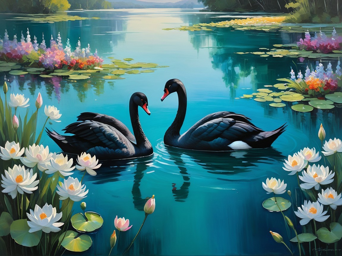 Black Swans in Serene Lake Surrounded by Water Lilies