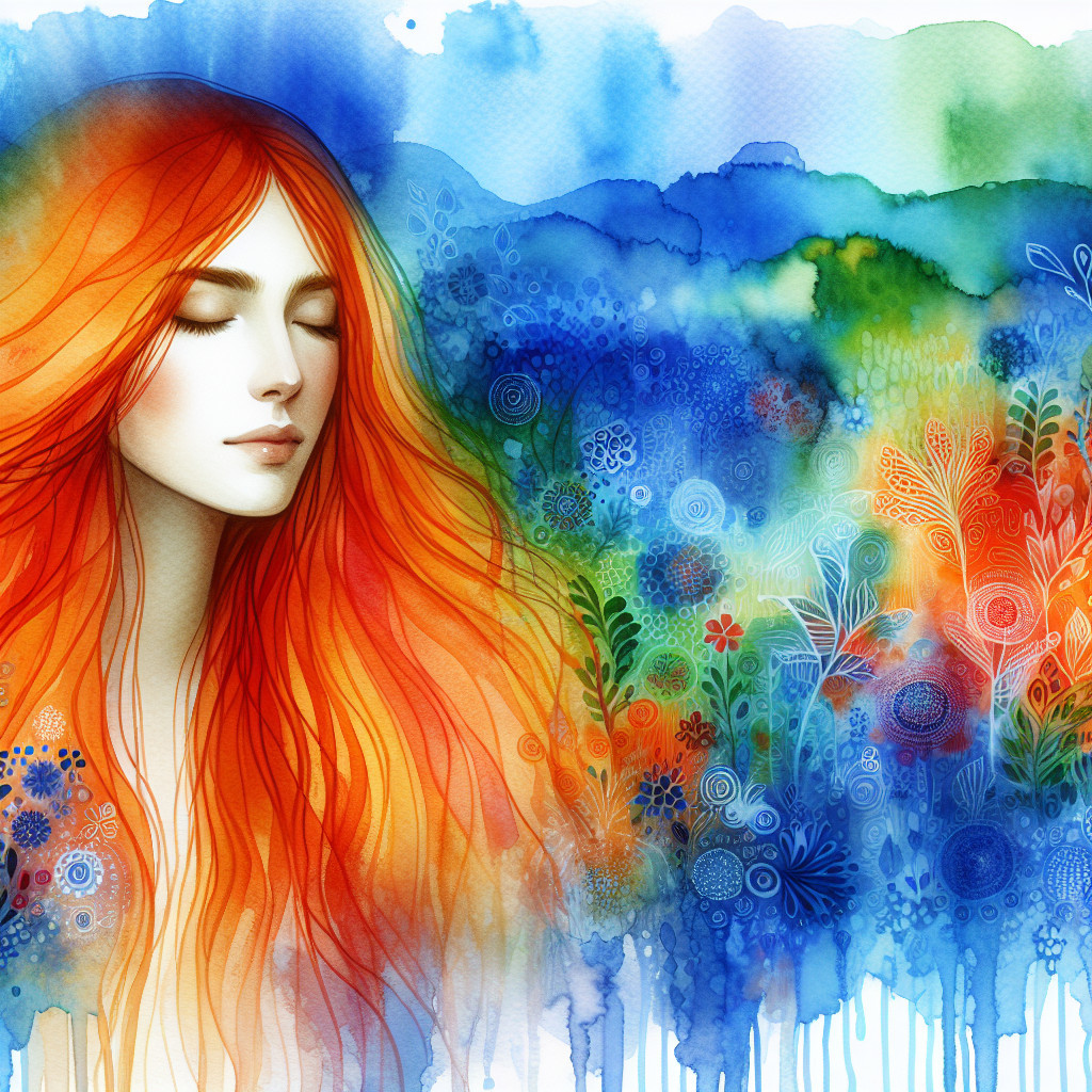 Serene portrait of a woman with red hair and floral backdrop