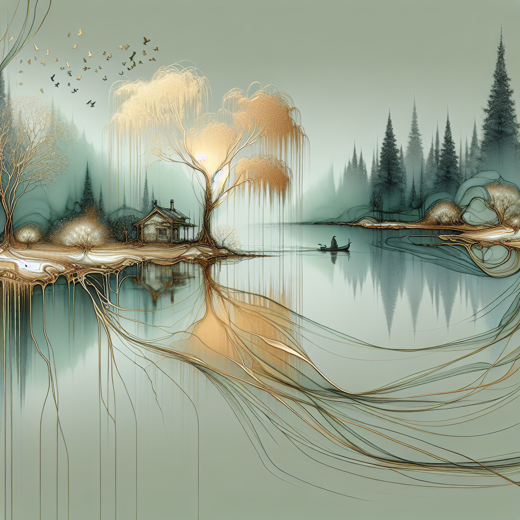 Serene Lake Landscape with House and Nature Elements