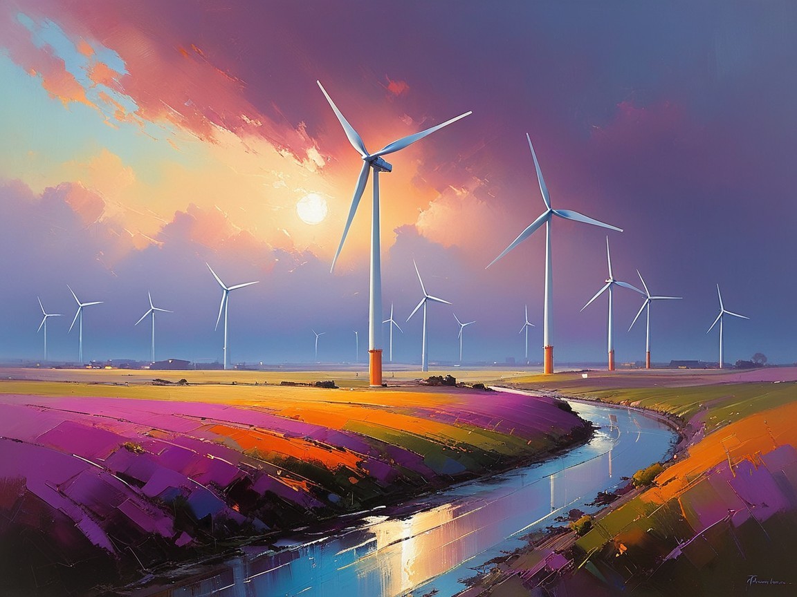 Vibrant Landscape with Wind Turbines at Sunset