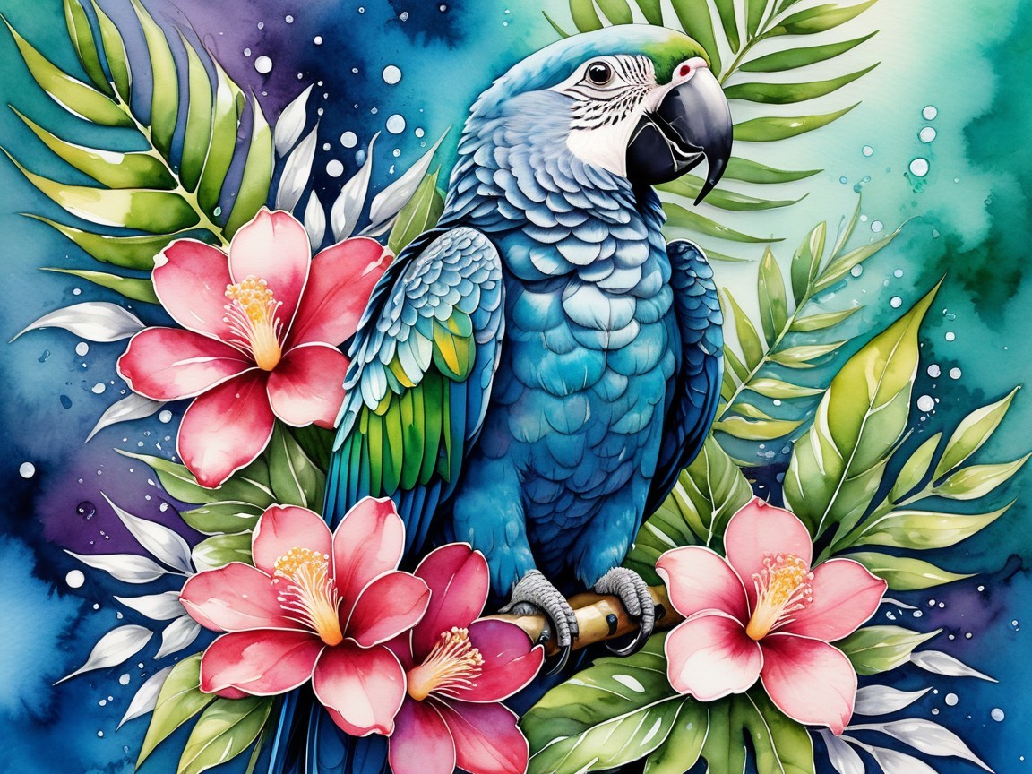 Vibrant Blue Parrot Among Tropical Flora and Colors