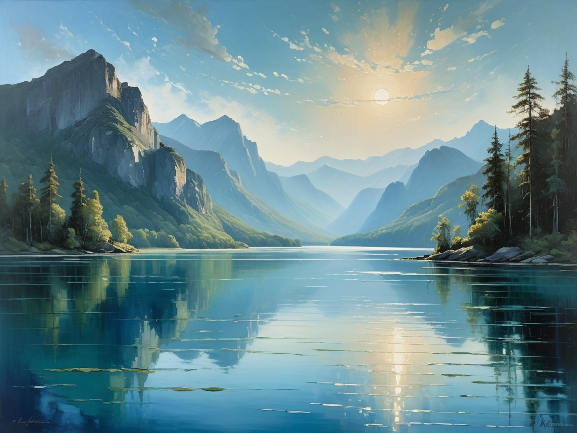 Wide-angle painting of a blue lake and mountains