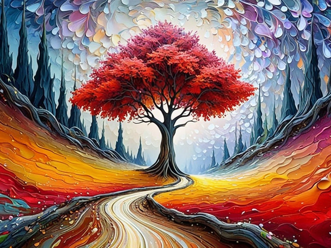 Vibrant Landscape with Striking Red Tree and Swirling Colors