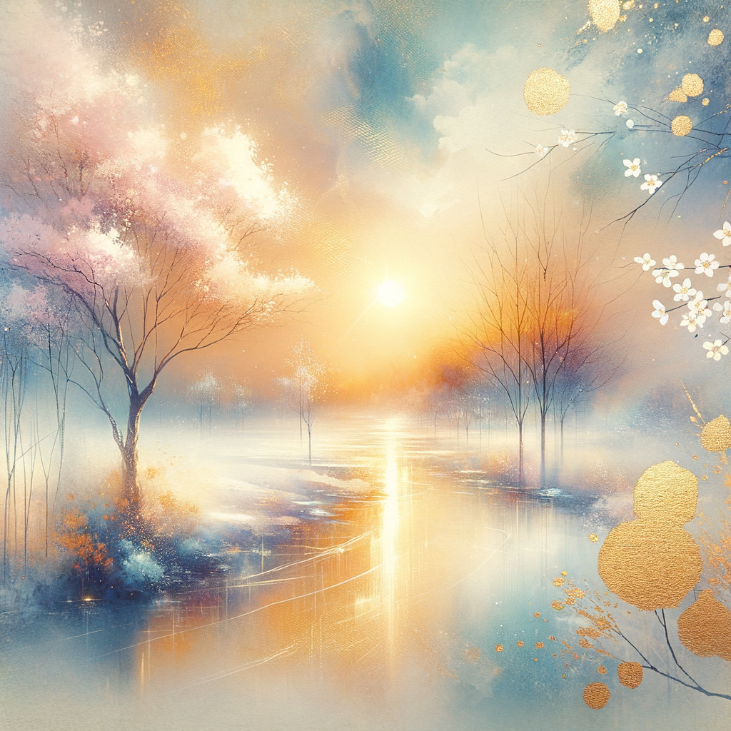 Serene Lake Landscape with Pastel Sunrise and Mist