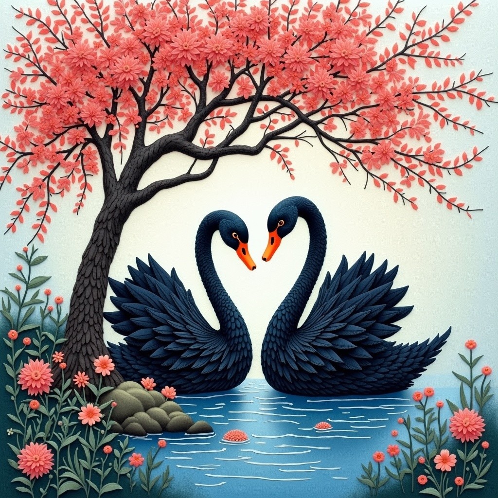 Black Swans in Serene Pond with Lush Greenery