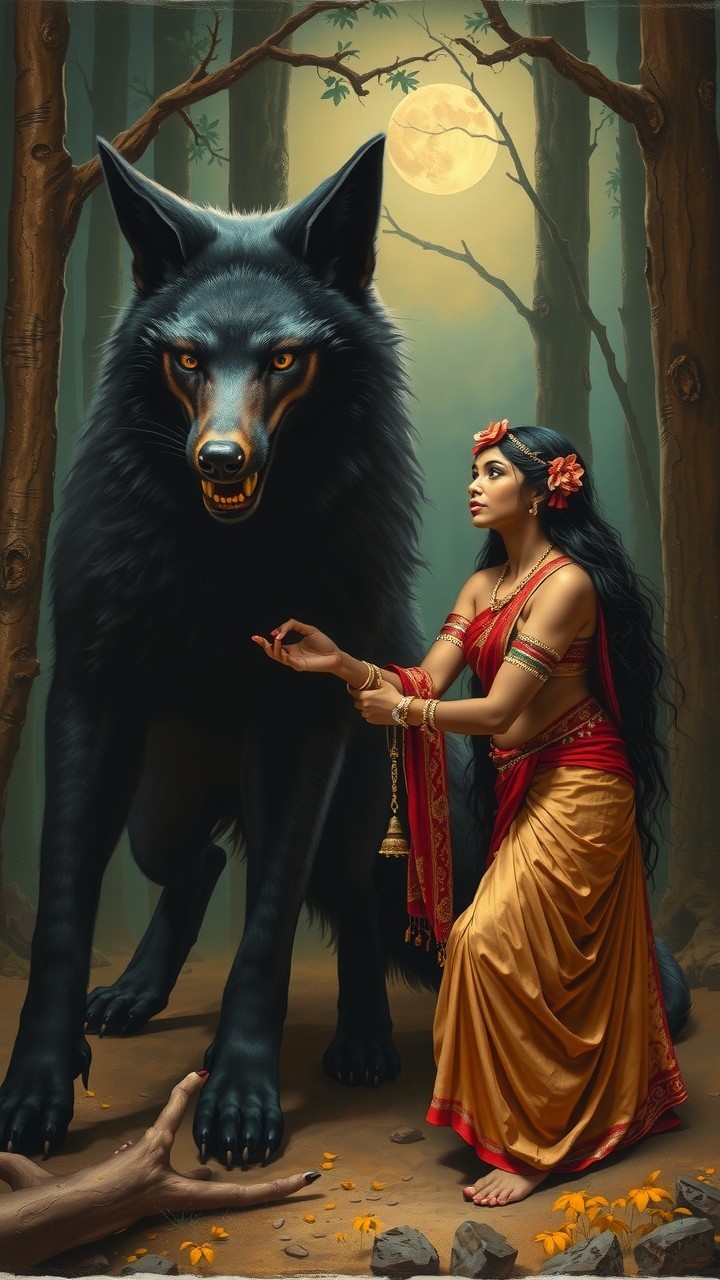 Mystical Forest Scene with Woman and Black Wolf