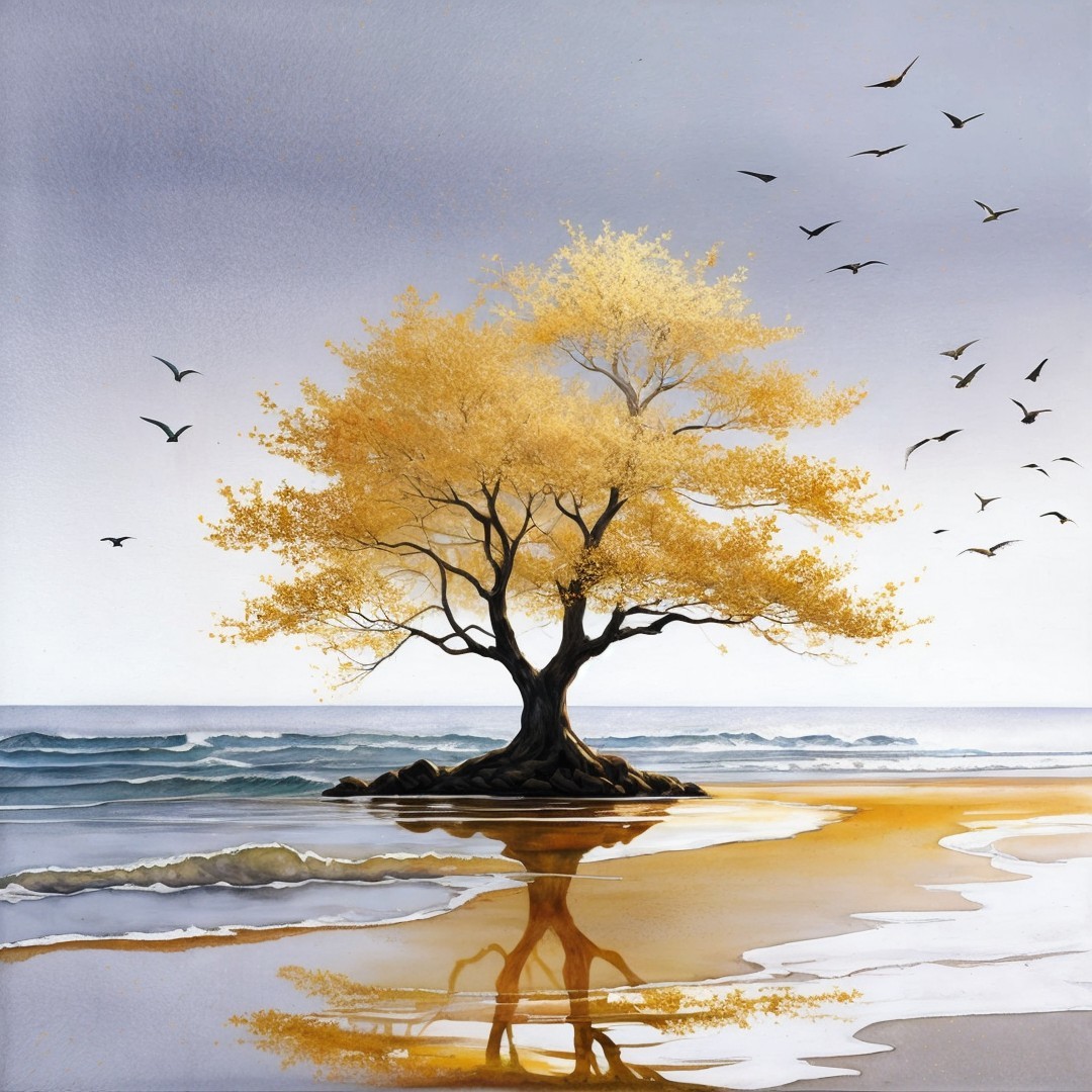 Vibrant Yellow Tree on Tranquil Beach Scene
