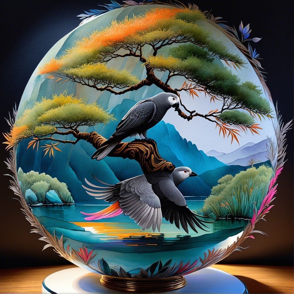 Decorative Artwork with Birds, Tree, and Scenic Landscape