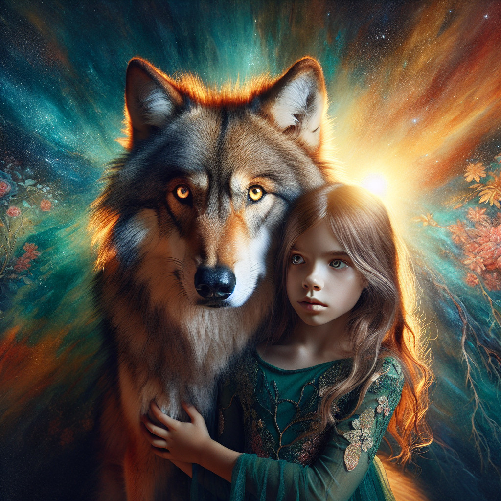 Young girl and majestic wolf in a mystical setting