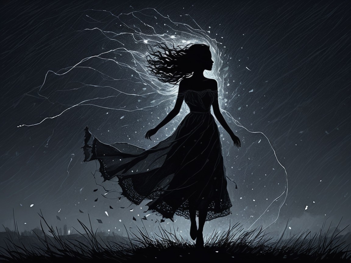 Silhouetted Woman in Storm with Lightning and Rain